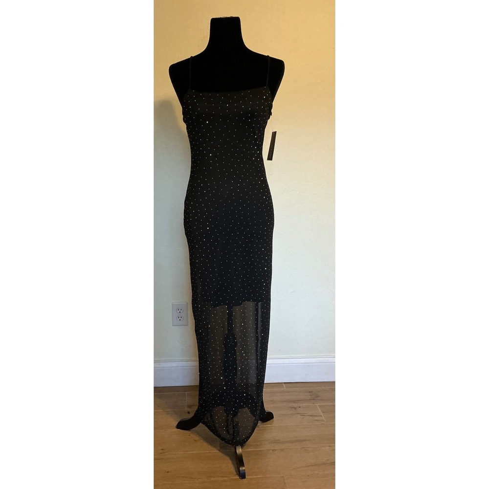 NWT LIZ & SARA Large Black Maxi Slip Dress Rhinestone Embellished Spag. Strap